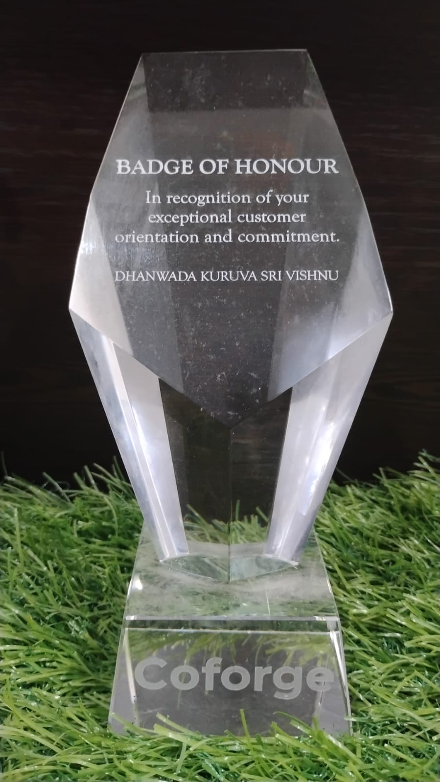 Coforge Badge of Honour crystal trophy