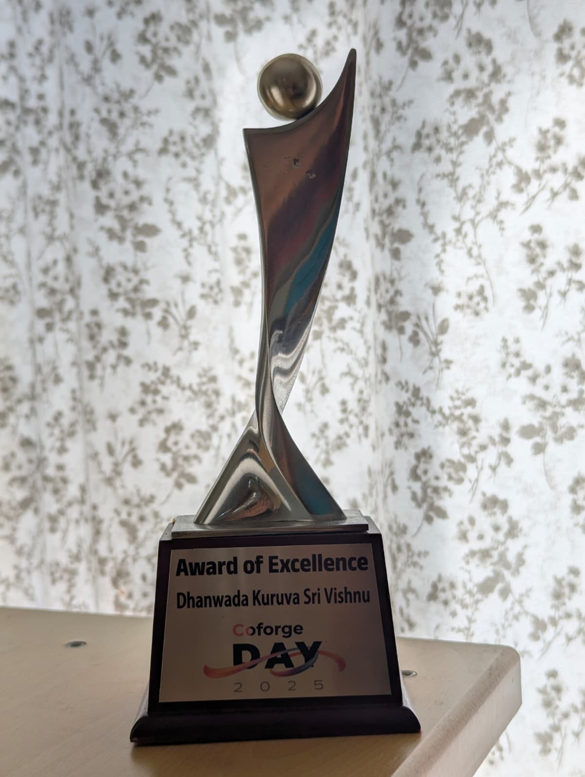 Coforge Award of Excellence 2025 trophy, engraved Dhanwada Kuruva Sri Vishnu